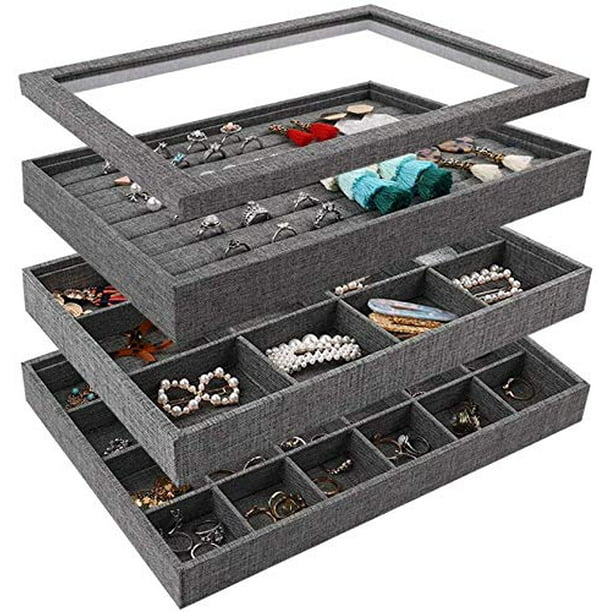 Deluxe Linen 18 Compartment Stackable Jewelry Display Organizer Box Tray W Feet